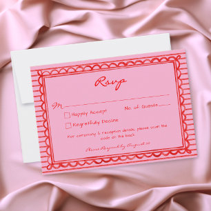 Whimsical Red Pink Watercolor Stripe Wedding QR RSVP Card