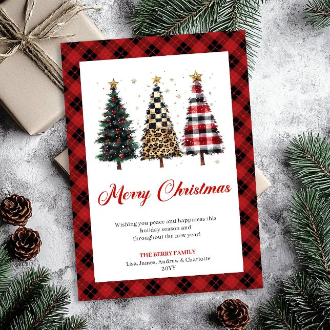 Whimsical Red Plaid Christmas Tree Leopard Pattern Holiday Card (Whimsical Red Plaid Christmas Tree Leopard Pattern)