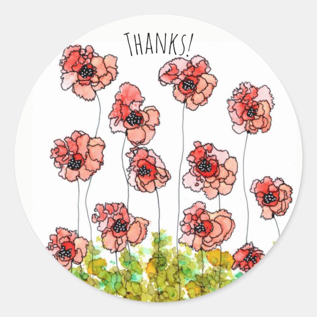 Whimsical Red Poppy Flowers Thank You Sticker (Front)