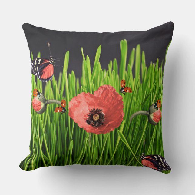Whimsical Red Poppy Meadow Wildlife Pattern Cushion (Front)