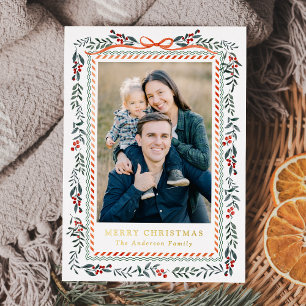 Whimsical Red Ribbon and Greenery 2 Photo Foil Holiday Card