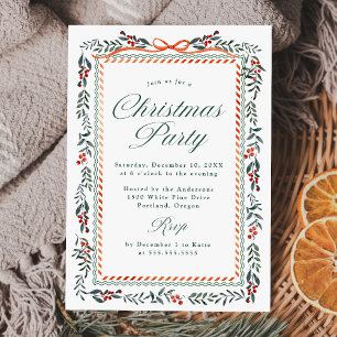 Whimsical Red Ribbon and Greenery Christmas Party Invitation