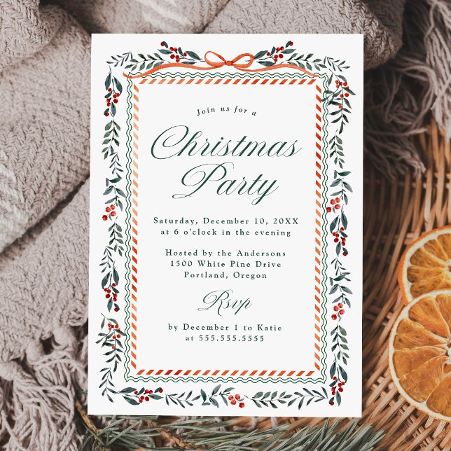 Whimsical Red Ribbon and Greenery Christmas Party Invitation (Creator Uploaded)
