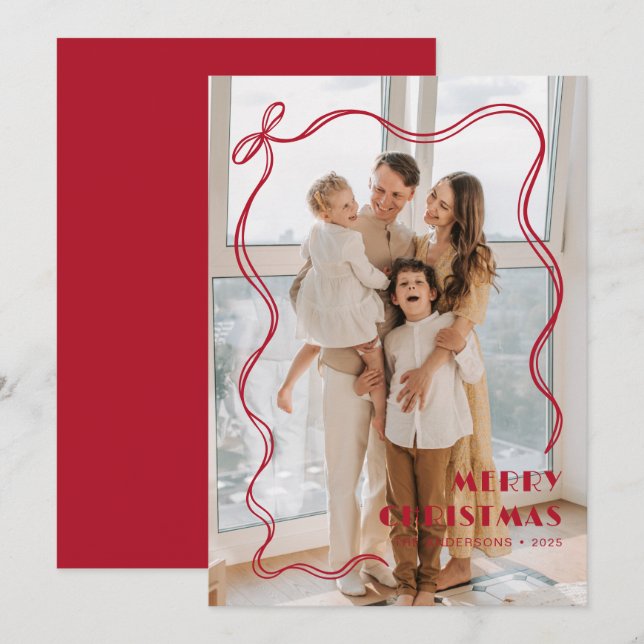 Whimsical Red Ribbon Family Photo Merry Christmas Holiday Card (Front/Back)