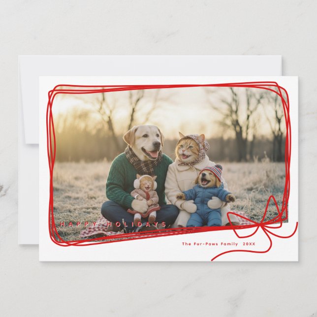 Whimsical Red Ribbon Frame Holiday Photo Card (Front)