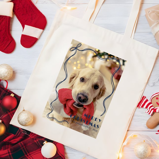 Whimsical Red Ribbon Merry Christmas Pet Photo Tote Bag (Creator Uploaded)