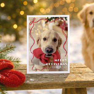 Whimsical Red Ribbon Pet Photo Merry Christmas Holiday Card