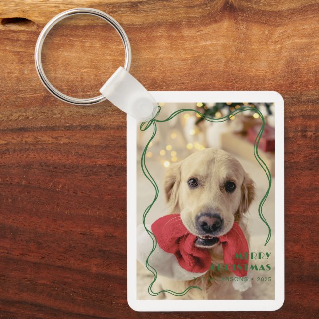 Whimsical Red Ribbon Pet Photo Merry Christmas Key Ring (Front)