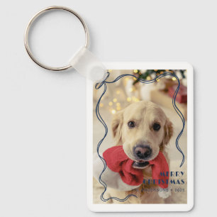 Whimsical Red Ribbon Pet Photo Merry Christmas Key Ring