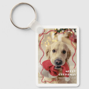 Whimsical Red Ribbon Pet Photo Merry Christmas Key Ring