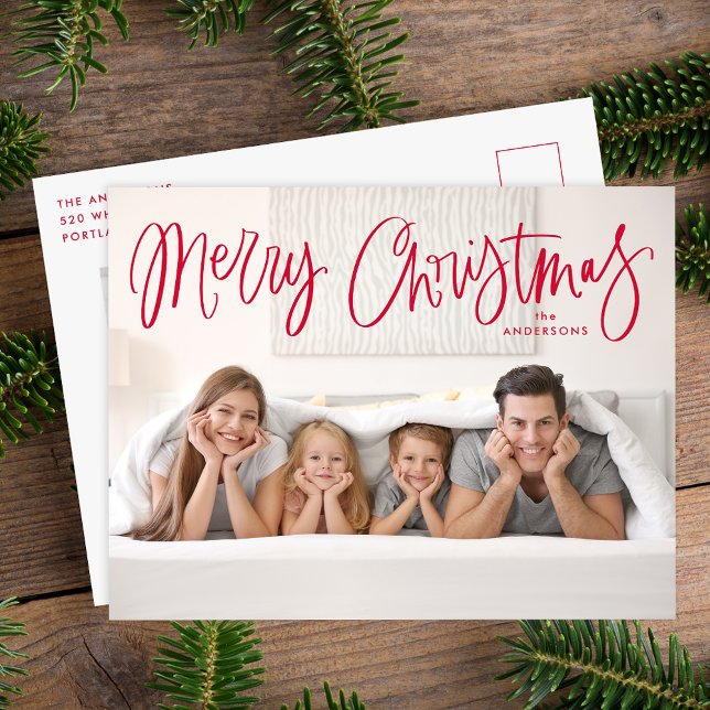 Whimsical Red Script Merry Christmas 2 Photo Holiday Postcard (Creator Uploaded)