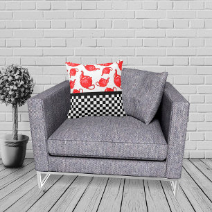 Whimsical Red Teapots and Chequerboard Cushion