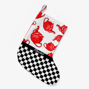 Whimsical Red Teapots Chequerboard Personalised Small Christmas Stocking