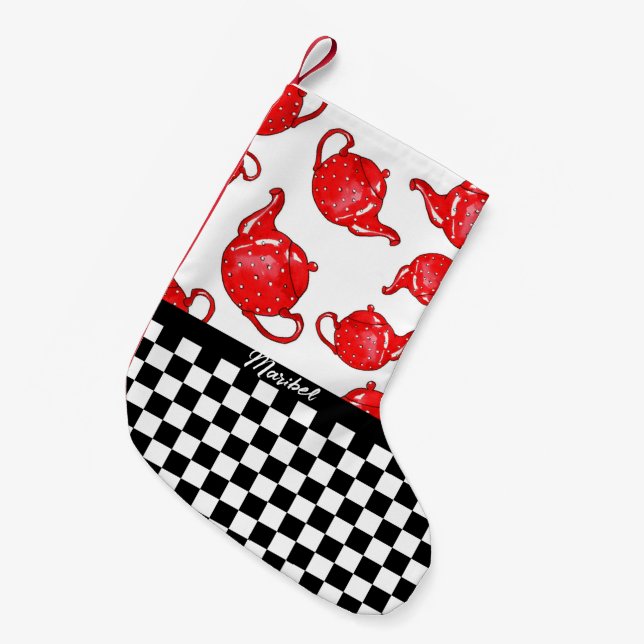 Whimsical Red Teapots Chequerboard Personalised Small Christmas Stocking (Front (Hanging))