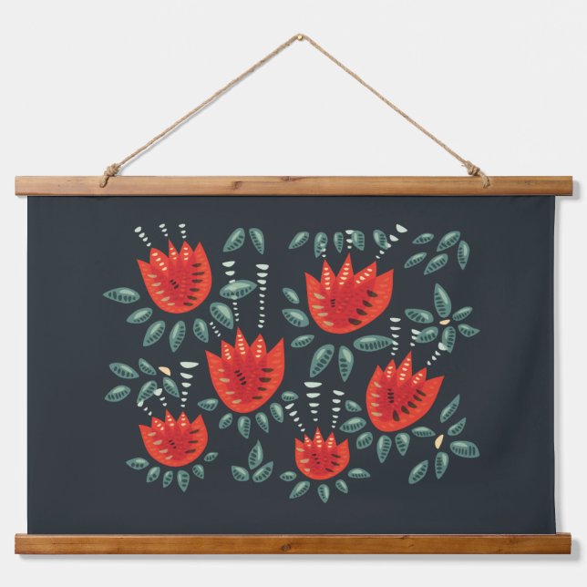 Whimsical Red Tulips Floral Art – Abstract Spring  Hanging Tapestry (Front)