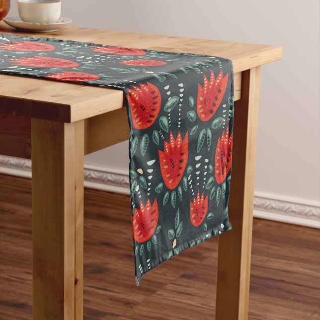  Whimsical Red Tulips Floral Art – Abstract Spring Short Table Runner (In Situ)