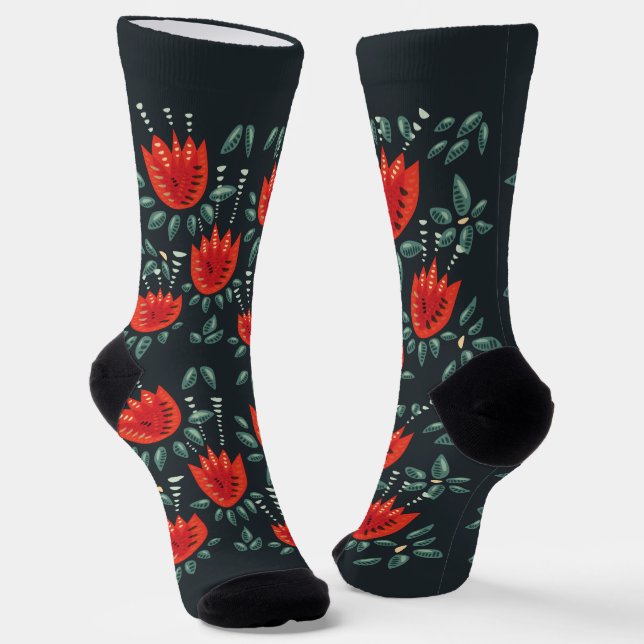Whimsical Red Tulips Floral Art – Abstract Spring  Socks (Angled)
