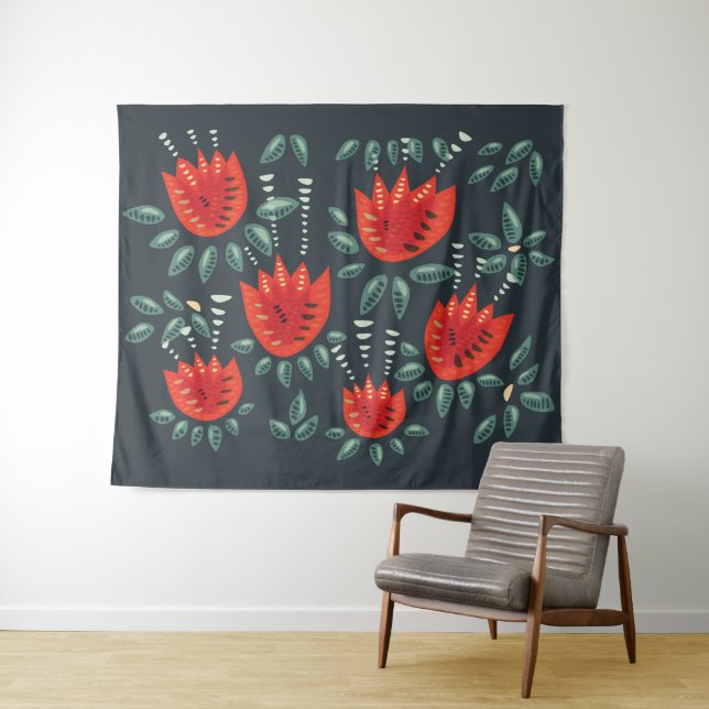  Whimsical Red Tulips Floral Art – Abstract Spring Tapestry (In Situ (Horizontal))