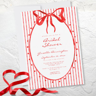 Whimsical Red Watercolor Bow Stripe Bridal Shower Invitation