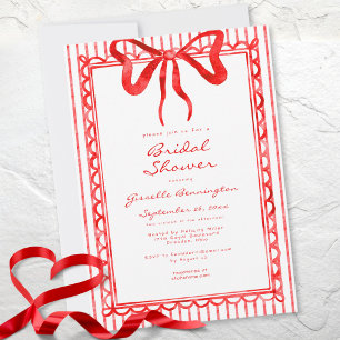 Whimsical Red Watercolor Bow Stripe Bridal Shower Invitation