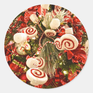 Whimsical Red & White Candy Themed Christmas Tree Classic Round Sticker