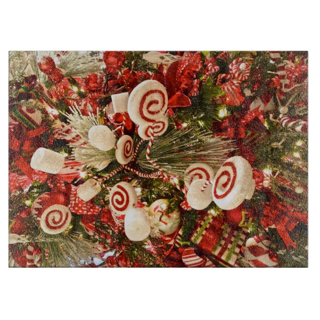 Whimsical Red & White Candy Themed Christmas Tree Cutting Board (Front)
