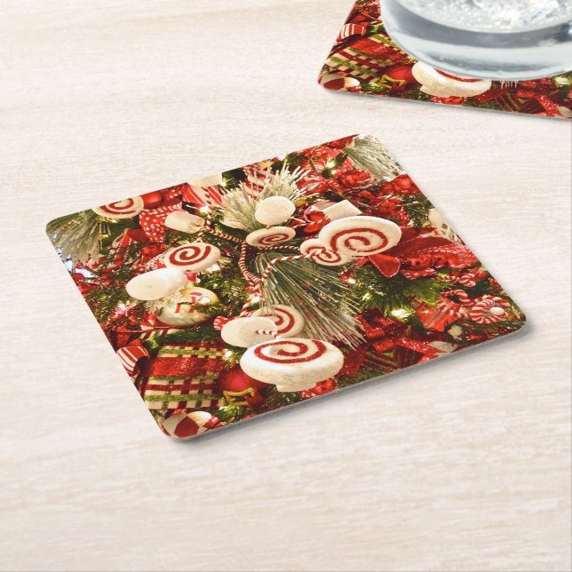 Whimsical Red & White Candy Themed Christmas Tree Square Paper Coaster (Angled)
