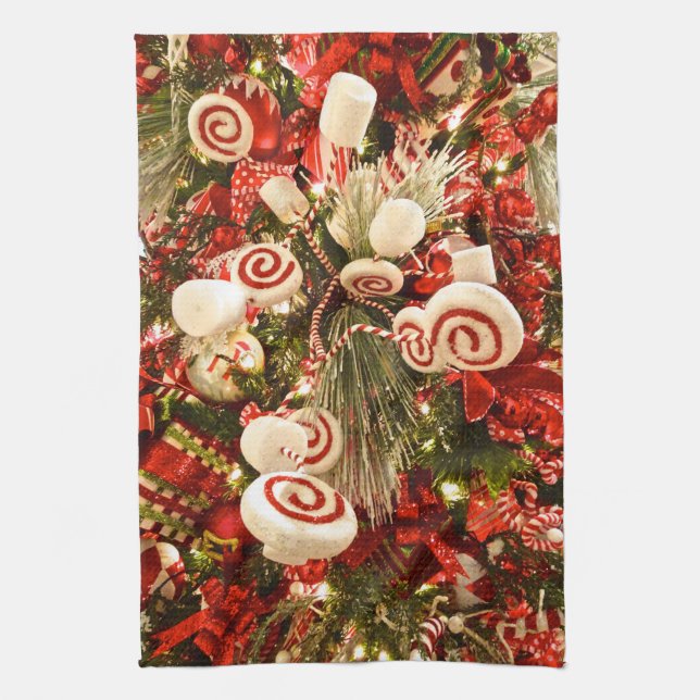 Whimsical Red & White Candy Themed Christmas Tree Tea Towel (Vertical)