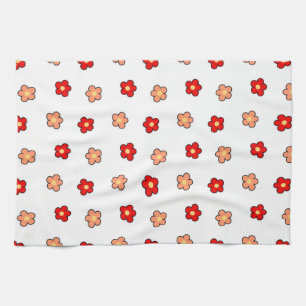 Whimsical Red & White Flower Retro Floral Design Tea Towel