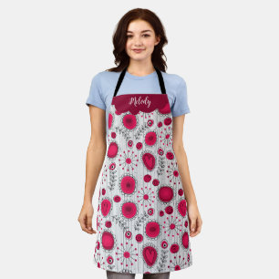 Whimsical red white hearts flowers floral name apron