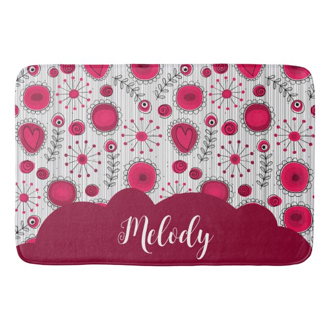 Whimsical red white hearts flowers floral name bath mat (Front)