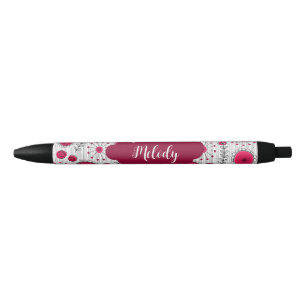 Whimsical red white hearts flowers floral name black ink pen