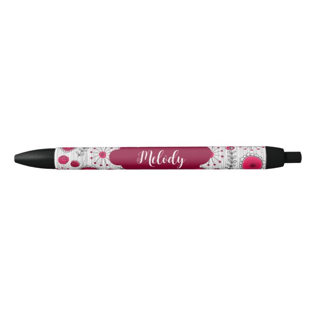 Whimsical red white hearts flowers floral name black ink pen (Front)
