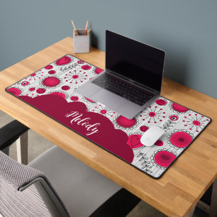 Whimsical red white hearts flowers floral name desk mat