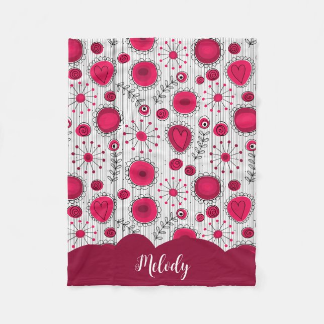 Whimsical red white hearts flowers floral name fleece blanket (Front)