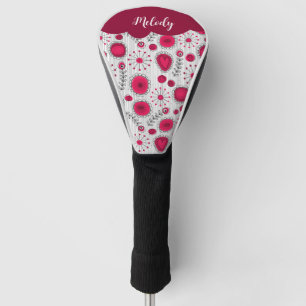 Whimsical red white hearts flowers floral name golf head cover