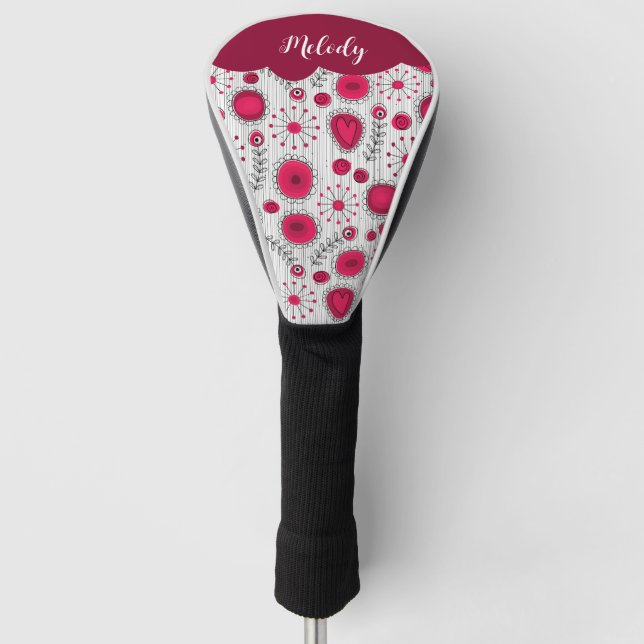 Whimsical red white hearts flowers floral name golf head cover (Front)