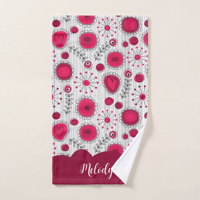 Whimsical red white hearts flowers floral name hand towel (Hand Towel)