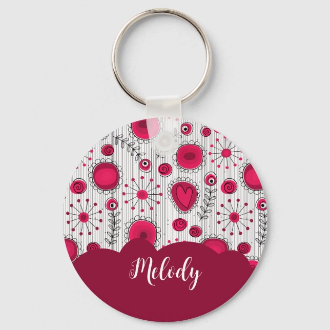 Whimsical red white hearts flowers floral name key ring (Front)