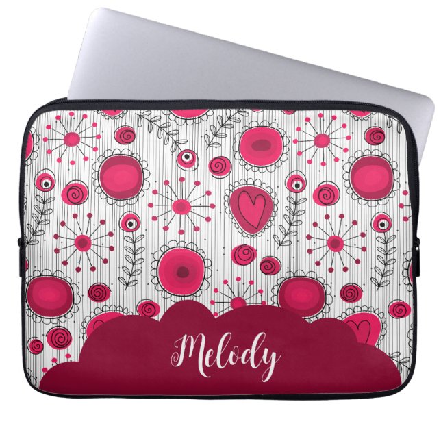 Whimsical red white hearts flowers floral name laptop sleeve (Front)