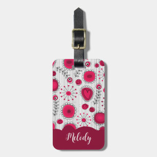 Whimsical red white hearts flowers floral name luggage tag