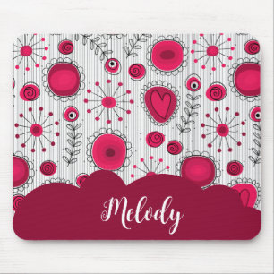 Whimsical red white hearts flowers floral name mouse mat