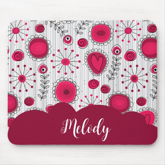 Whimsical red white hearts flowers floral name mouse mat (Front)