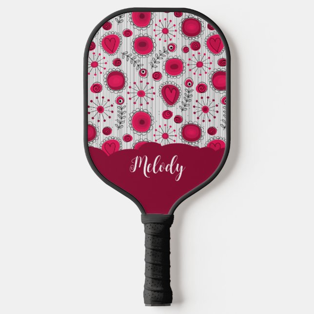 Whimsical red white hearts flowers floral name pickleball paddle (Front)
