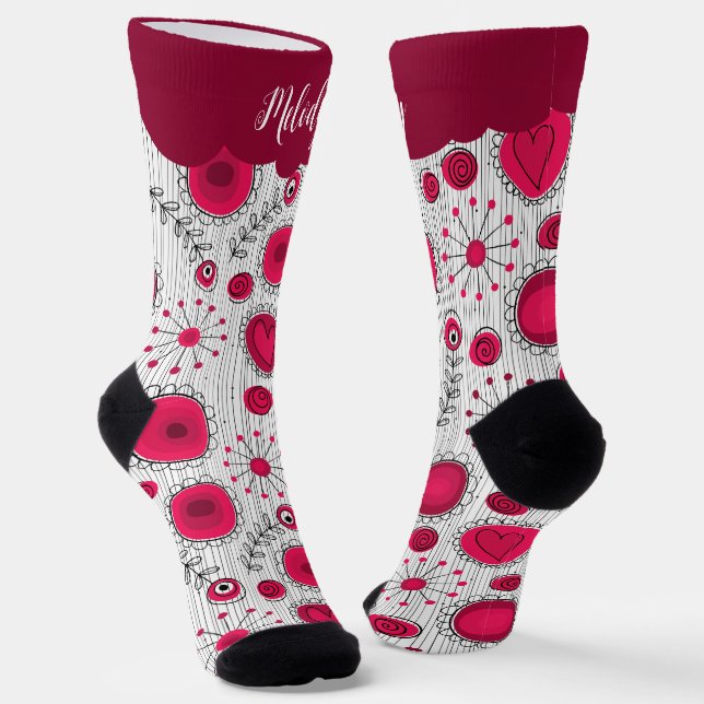 Whimsical red white hearts flowers floral name socks (Angled)