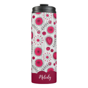 Whimsical red white hearts flowers floral name thermal tumbler
