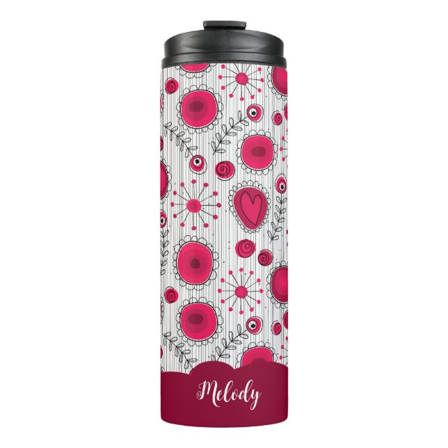Whimsical red white hearts flowers floral name thermal tumbler (Front)