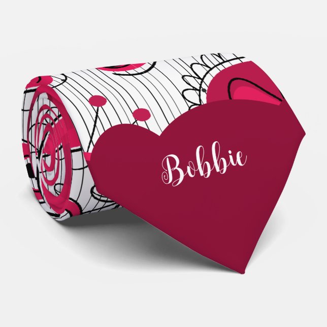 Whimsical red white hearts flowers floral name tie (Rolled)