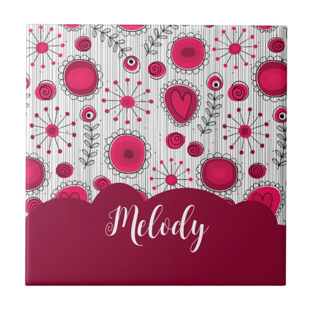 Whimsical red white hearts flowers floral name tile (Front)
