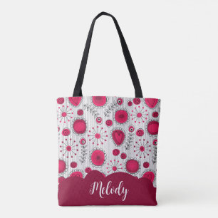 Whimsical red white hearts flowers floral name tote bag
